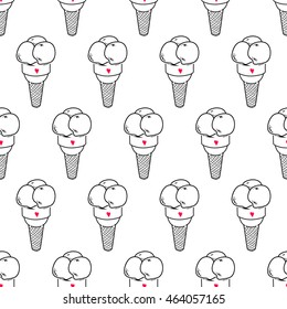 Seamless doodle ice cream pattern, hand-drawn monochrome background with pink accent, ice-cream vector, ice cream background, EPS 8