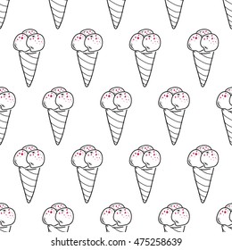 Seamless doodle ice cream pattern, hand-drawn triple cone background, ice-cream vector wallpaper, for cards, invitations, food design, EPS 8