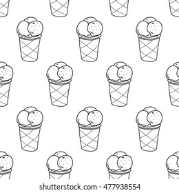 Seamless doodle ice cream pattern, hand-drawn ice cream cup wallpaper, ice-cream vector background, EPS 8