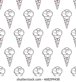 Seamless doodle ice cream triple cone pattern, hand-drawn monochrome background with red accent, vector black and white wallpaper, for cards, invitations, food design, EPS 8