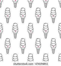 Seamless doodle ice-cream cup pattern, hand-drawn monochrome background with pink accent, black and white ice cream sketch vector wallpaper, EPS 8