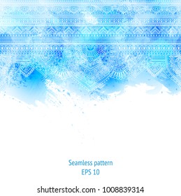 Seamless doodle illustration, zentangle pattern, wallpaper, background, texture. Indian Orment. Design for printing on fabric, textiles. Template for web design, greeting cards. blue white watercolor