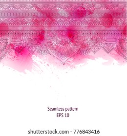 Seamless doodle illustration, zentangle pattern, wallpaper, background, texture. Indian Orment. Design for printing on fabric, textiles. Template for web design, greeting cards. pink watercolor
