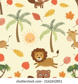 Seamless doodle jungle animals and leaves cartoon pattern