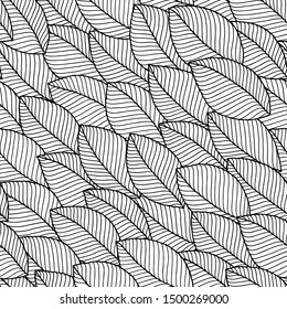 Seamless doodle  leaves pattern for coloring book. Ethnic, floral, retro, vector, tribal design element. Black and white background.