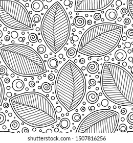 Seamless doodle  leaves pattern for coloring book. Ethnic, floral, retro, vector, tribal design element. Black and white background.