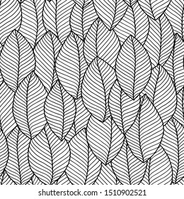 Seamless doodle  leaves pattern for coloring book. Ethnic, floral, retro, vector, tribal design element. Black and white background.