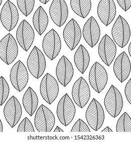 Seamless doodle  leaves pattern for coloring book. Ethnic, floral, retro, vector, tribal design element. Black and white background.