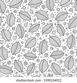 Seamless doodle  leaves pattern for coloring book. Ethnic, floral, retro, vector, tribal design element. Black and white background.