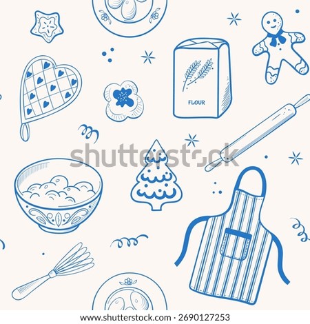 Seamless doodle line pattern with kitchen and baking elements, apron, whisk, bowl, rolling pin, cookies, and festive details. Perfect for culinary wrapping, textile, and holiday design.