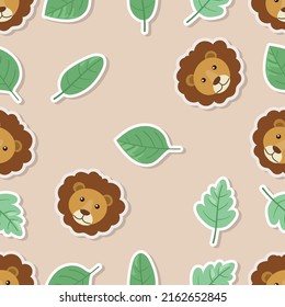 Seamless doodle lion and leaf sticker cartoon pattern