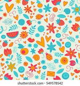 Seamless doodle love pattern with colorful hearts flowers leaves and berries on white background vector illustration