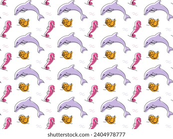 Seamless doodle marine pattern with one continuous line of art with shells,dolphins and seahorses