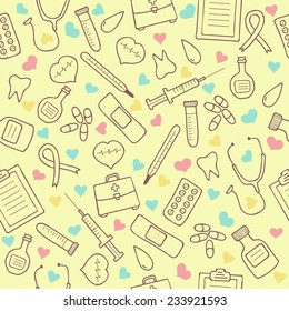 Seamless doodle medical pattern with colored hearts. Vector Illustration