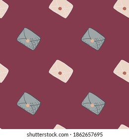 Seamless doodle minimalistic pattern with blue and white paper postcards. Letter ornament with maroon background. Great for fabric design, textile print, wrapping, cover. Vector illustration.