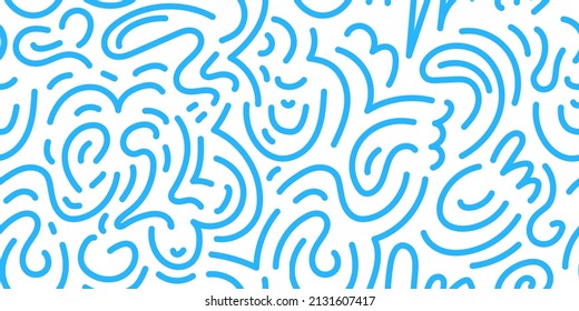 Seamless Doodle Modern Abstract Brain Texture Pattern Doodle Hand Drawn Lines. Blue Wave Texture Of The Brain In Flat Style Hand Drawn Graphic. Blue Seamless Pattern Background Smart Wallpaper .