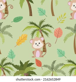 Seamless doodle monkey in jugle cartoon pattern