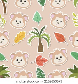 Seamless doodle monkey in jungle sticker cartoon pattern