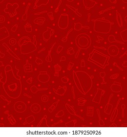 Seamless Doodle Neutral tableware vector pattern. Outline dishes on a red background. Cooking pots, pans, food plates, cutlery, tea kettle, coffee cup, chefs clothes. Hand-drawn cute Kitchenware set