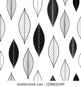 Seamless doodle organic background with single vertical rowan leaves.Background with leaf silhouettes. Vector Illustration. Black and white floral  spring, summer,autumn texture.
