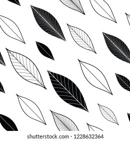 Seamless doodle organic background with single diagonal rowan  leaves.Background with leaf silhouettes. Vector Illustration. Black and white floral seasonal texture.
