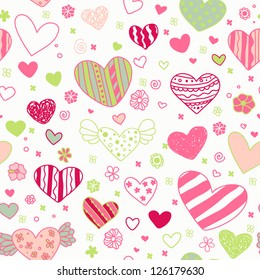 Seamless doodle ornate pattern with ornamental hearts and flowers. Endless cute colorful texture, template for design textile, wrapping paper, package, backgrounds