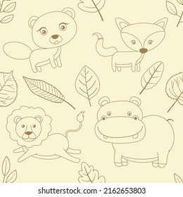 Seamless doodle outline wild animals cartoon pattern