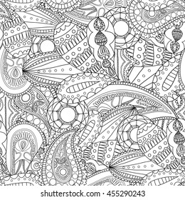 Seamless doodle outlined pattern for adult coloring book. With paisley and drops ornament