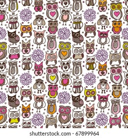 Seamless doodle owl pattern background in vector