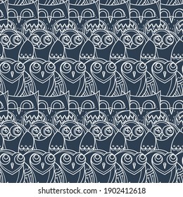 Seamless doodle owl pattern. Cute print for kids, scrap and other. Vector endless illustration