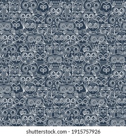 Seamless doodle owl pattern. Cute print for kids, scrap and other. Vector endless illustration