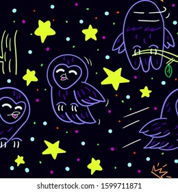 Seamless Doodle Owl And Stars Pattern Vector Illustration EPS 10