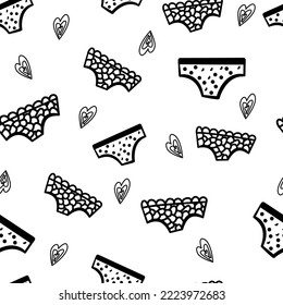 Seamless  Doodle Panty Pattern.  Hand Drawn Black Women's Panties Background. Sexual Health And Women's Health Concept. Female Pattern With Panties. 