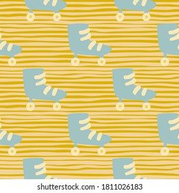 Seamless doodle patten with stylized blue roller shoes. Yellow stripped background. Sporty artwork. Decorative backdrop for wallpaper, textile, wrapping paper, fabric print. Vector illustration.