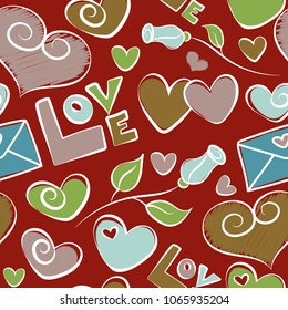Seamless doodle pattern. Abstract seamless pattern. Exotic vector pattern. Rose flower, love text and letter, hearts in red and beige colors. Summer and spring design.
