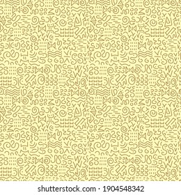 Patrón de Doodle sin foco. Signos y elementos abstractos, escritura antigua. Antecedentes dibujados a mano. monocromo.