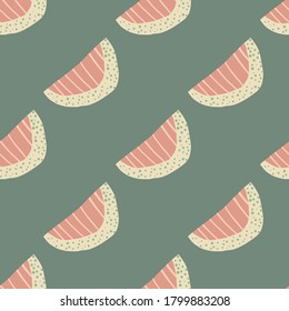 Seamless doodle pattern with abstract slices. Fruit silhouettes with pink stripped and white colors on grey background. Designed for wallpaper, textile, wrapping, fabric print. Vector illustration.