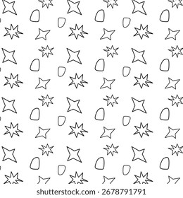 Seamless doodle pattern with abstract stars and spark shapes in black outline on white background. Perfect for kids design, wallpapers, fabrics, packaging, and playful branding.