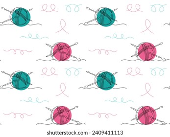 Seamless doodle pattern with Abstract tangle with thread and knitting needles, knitting, continuous one line art hand drawing sketch