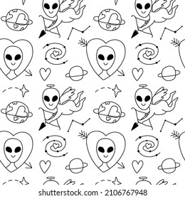 Seamless doodle pattern with aliens in love, cupid, space. Background with contour drawings of planets, hearts, love, humanoid. Creative romantic print