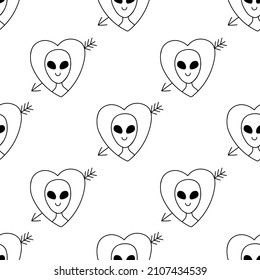 Seamless doodle pattern with aliens in love, cupid, space. Background with contour drawings of planets, hearts, love, humanoid. Creative romantic print