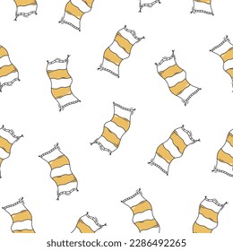 Seamless doodle pattern with beach towel. Yellow cartoon hand drawn towels on white background. For print, textil