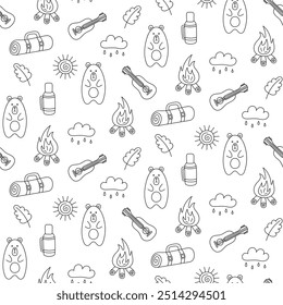 Seamless Doodle Pattern with Bear and Bonfire. Hand drawn. Black and white line art. Hand drawn. For textiles, clothes, backgrounds, postcards. Travel, hiking and camping concept. Vector illustration.