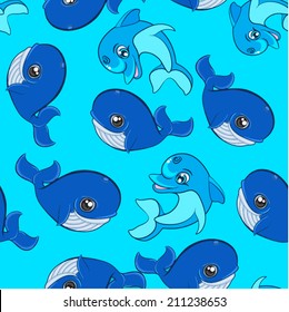Seamless Doodle Pattern - Big Fishes, dolphin and whale pattern