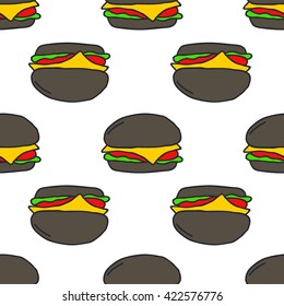 seamless doodle pattern. black burger. vector illustration