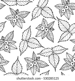 Seamless doodle pattern with blueberries and leaves 