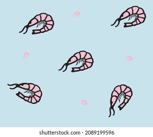 seamless doodle pattern in blue-pink tones of shrimp