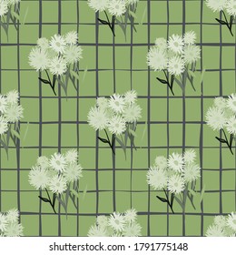 Seamless doodle pattern with botanic blowball bouquet in grey tones. Background in green pale color with check. Great for wrapping paper, textile, fabric print and wallpaper. Vector illustration.