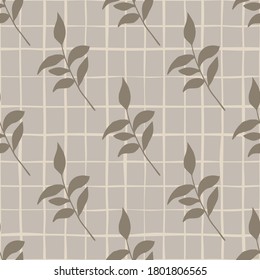 Seamless doodle pattern with brown foliage silhouettes. Soft autumn print with chequered background. Creative print for wallpaper, textile, wrapping paper, fabric print. Vector illustration.