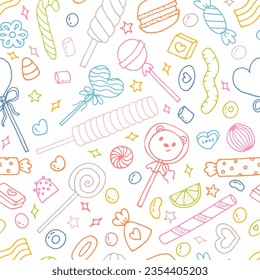 Seamless doodle pattern with candies, sweets and lollipops. Hand drawn background. Great for fabric, textile, wrapping paper. Vector illustration